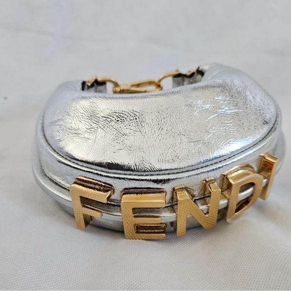 “Fendi” Fendi Fendigraphy mini hobo bag in silver leather w/ gold-tones - Picture 2 of 8